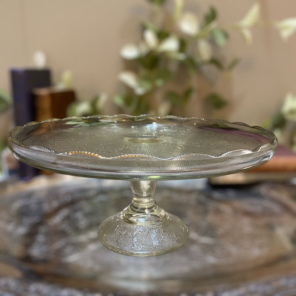 Vintage Jeannette Glass Pedestal Cake Stand Plate Harp Lyre c1950s - Picture 2 of 6